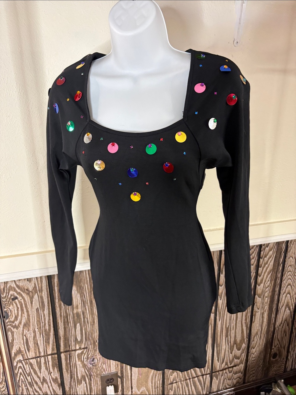 Black Long-Sleeve Scoop Neck Dress with Multicolor Sequin Details